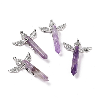 Natural Amethyst Faceted Double Terminal Pointed Big Pendants, Angel Charms, with Platinum Tone Brass Findings, 54~56x34~36x11~12mm, Hole: 3mm