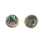 Abalone Shell/Paua Shell Stud Earrings, with Copper Wire, Brass Stud Earring Findings and Ear Nuts, with Cardboard Packing Box, Flat Round, Golden, 11mm, Pin: 0.7mm(EJEW-JE03864-02)
