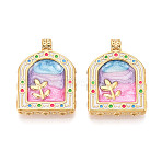 304 Stainless Steel Enamel Pendants, Arch with Flower, Ion Plating(IP), Real 18K Gold Plated, Plum, 30x21.5x5mm, Hole: 3mm(X1-STAS-T068-18A)