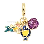 Brass Colorful Enamel Woman Fish Shell Shape European Dangle Charms, Large Hole Pendants with Black Cubic Zirconia, Cadmium Free & Lead Free, Rack Plating, Long-Lasting Plated, Real 18K Gold Plated, 30mm, Hole: 4.5mm(KK-C137-20G)