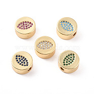 Rack Plating Brass Micro Pave Cubic Zirconia Beads, Cadmium Free & Lead Free, Real 18K Gold Plated, Flat Round with Eye Pattern, Mixed Color, 11x5mm, Hole: 2mm(ZIRC-C035-25G)