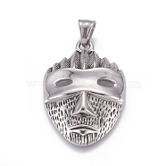 304 Stainless Steel Pendants, Mask, Antique Silver, 42x29x7mm, Hole: 5x8mm(STAS-G207-14AS)