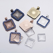 DIY Jewelry Sets, Alloy Rhinestone Pendant Cabochon Bezel Settings and Clear Glass Cabochons, Square, Light Sapphire, 38x29x3mm, Hole: 6x4.5mm, glass cabochon: 20x20mm(DIY-X0281-02)