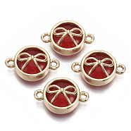 Glass Links Connectors, with Light Gold Plated Alloy Findings, Flat Round with Bowknot, Dark Red, 13.5x19.5x6.5mm, Hole: 1.6mm(X-GLAA-T015-23E)