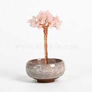 Natural Rose Quartz Chips Tree Display Decorations, with Random Color Porcelain Bowls, Copper Wire Wrapped Feng Shui Ornament for Fortune, 66x100~110mm(PW23051675806)