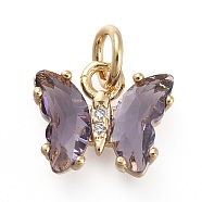 Brass Micro Pave Clear Cubic Zirconia Pendant, with Glass, Butterfly, Golden, Lilac, 12.5mm(ZIRC-P079-B01-05)