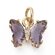 Brass Micro Pave Clear Cubic Zirconia Pendant, with Glass, Butterfly, Golden, Lilac, 11x9.5x3mm, Hole: 3.5mm(ZIRC-P079-B01-05)