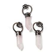 Natural Rose Quartz Faceted Pointed Bullet Pendants, Brass Ring Charms with Jump Rings, Red Copper, 48~50x20x9~10mm, Hole: 6mm(G-A221-03A)