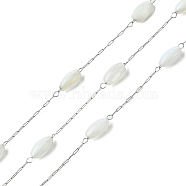 Natural Shell Pearl Beads,Dyed with 304 Stainless Steel Chains, Soldered, with Spool, White, 7.5x3mm(CHS-Q005-07B-02)