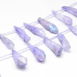 Electroplated Natural Quartz Crystal Beads Strands, Top Drilled Beads, Dyed, Teardrop, Lilac, 34~41x8~13x6~13mm, Hole: 1.5mm, about 18pcs/strand, 14.3 inch(G-G890-C-02)