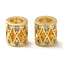 Brass Micro Pave Cubic Zirconia European Beads, Large Beads, Column with Hollow Rhombus, Real 18K Gold Plated, 8x7.5mm, Hole: 4mm(KK-P239-26G)