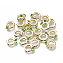 Brass Micro Pave Cubic Zirconia Charms, Long-Lasting Plated, Cadmium Free & Lead Free & Nickel Free, Ring, Real 18K Gold Plated, Green, 10x8x2mm, Hole: 5mm(KK-I673-15A)