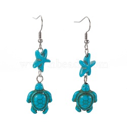 Synthetic Turquoise Beads Dangle Earrings, with Iron Finding and Stainless Steel Earring Hooks, Tortoise, Stainless Steel Color, 54~56mm, 13x14x5mm, 17.5~18x15x7.5~8mm(EJEW-JE02849)