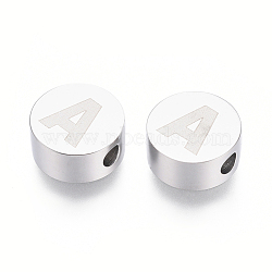 304 Stainless Steel Beads, Flat Round with Letter, Letter.A, 10x4.5mm, Hole: 2mm(STAS-I126-02P-A)