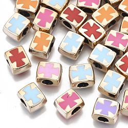 UV Plating Acrylic European Beads, with Enamel, Large Hole Beads, Mixed Color, Rectangle with Cross, Light Gold, 10x8x6mm, Hole: 4mm(OACR-N010-007LG)