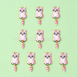 Light Gold Rack Plating Alloy Enamel Pendants, Cadmium Free & Nickel Free & Lead Free, Cat Charm, Pink, 38x15.7x3mm, Hole: 2mm(ENAM-YW0003-50B)