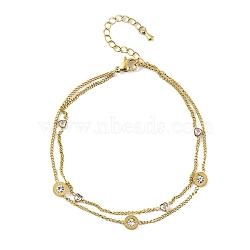 Ion Plating(IP) 304 Stainless Steel Chains Anklet, with Cubic Zirconia Charms Anklet, Golden, Flat Round, 8-1/4 inch(21cm)(AJEW-H148-13B-G)