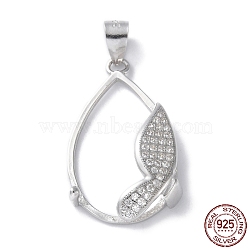 Rack Plating 925 Sterling Silver Micro Pave Clear Cubic Zirconia Pendants Cabochon Settings, Teardrop with Butterfly, with 925 Stamp, Real Platinum Plated, 32x15x5.5mm, Hole: 4x5mm, tray: 20.5x13mm.(STER-NH0001-44P)