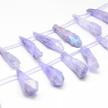 Electroplated Natural Quartz Crystal Beads Strands, Top Drilled Beads, Dyed, Teardrop, Lilac, 34~41x8~13x6~13mm, Hole: 1.5mm, about 18pcs/strand, 14.3 inch