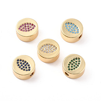 Rack Plating Brass Micro Pave Cubic Zirconia Beads, Cadmium Free & Lead Free, Real 18K Gold Plated, Flat Round with Eye Pattern, Mixed Color, 11x5mm, Hole: 2mm