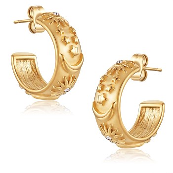 Clear Cubic Zirconia Sun Moon Star Stud Earrings, 430 Stainless Steel Half Hoop Earrings for Women, Golden, 21x8mm