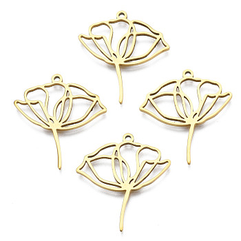 201 Stainless Steel Pendants, Lotus, Real 18K Gold Plated, 27.5x25x1.5mm, Hole: 1.4mm