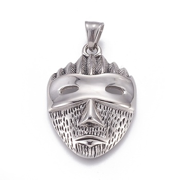 304 Stainless Steel Pendants, Mask, Antique Silver, 42x29x7mm, Hole: 5x8mm