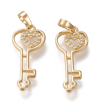 Brass Micro Pave Cubic Zirconia Pendants, Long-lasting Plated, Heart Key, Clear, Golden, 27x11.5x1.5mm, Hole: 5.5x3.5mm