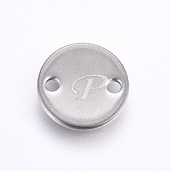 201 Stainless Steel Links connectors, Flat Round, Letter.P, Stainless Steel Color, 10x1mm, Hole: 1.5mm