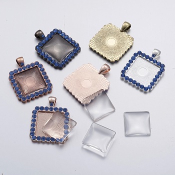 DIY Jewelry Sets, Alloy Rhinestone Pendant Cabochon Bezel Settings and Clear Glass Cabochons, Square, Light Sapphire, 38x29x3mm, Hole: 6x4.5mm, glass cabochon: 20x20mm