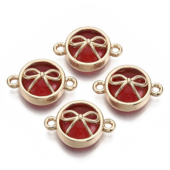 Glass Links Connectors, with Light Gold Plated Alloy Findings, Flat Round with Bowknot, Dark Red, 13.5x19.5x6.5mm, Hole: 1.6mm