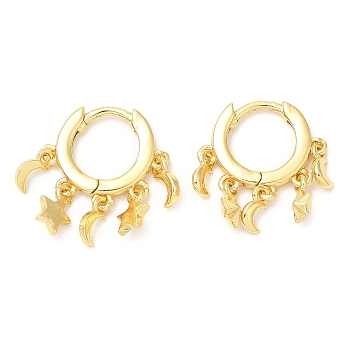 Rack Plating Brass Dangle Hoop Earrings, Moon & Star, Lead Free & Cadmium Free, Real 18K Gold Plated, 19x16.5mm