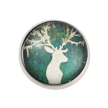 Round with Deer Glass Brooches, Platinum Plated Zinc Alloy Pins, for Backpack Clothes, Teal, 18x5.5mm