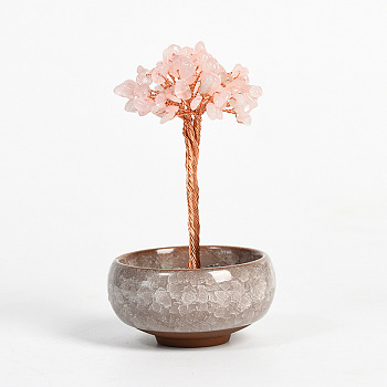 Natural Rose Quartz Chips Tree Display Decorations, with Random Color Porcelain Bowls, Copper Wire Wrapped Feng Shui Ornament for Fortune, 66x100~110mm