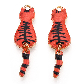 Painted Alloy Pendants, Cat Charm, Cadmium Free & Nickel Free & Lead Free, Golden, Tomato, 34x10x2.4mm, Hole: 1.5mm