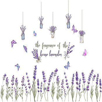 PVC Wall Stickers, for Wall Decoration, Butterfly Lavender Flower Pattern & Word the frangrance of the, Lilac, 390x900mm, 2sheets/set