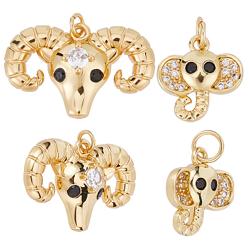 Beebeecraft 8Pcs 2 Style Rack Plating Brass Micro Pave Cubic Zirconia Pendants, with Jump Ring, Cadmium Free & Nickel Free & Lead Free, Goat & Elephant, Real 18K Gold Plated, 13.5~16x13~24.5x3~5mm, Jump Ring: 4~5x0.6mm, Inner Diameter: 2.8~3.7mm, 4pcs/style