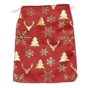 Gold Stamping Christmas Velvet Storage Bags, Drawstring Bags, Rectangle, Red, Deer, 18x13x0.01cm