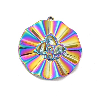 Ion Plating(IP) 304 Stainless Steel Pendants Rhinestone Settings, Concave-convex Flat Round, Rainbow Color, 33x30.5x3mm, Hole: 1.2mm, Fit for Rhinestone: 5.5x4mm and 2mm
