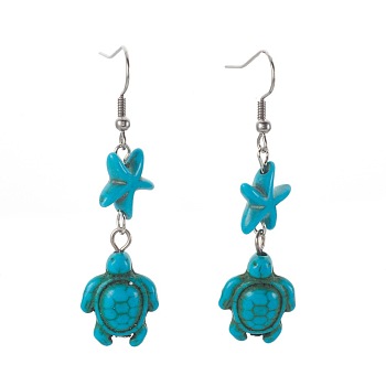 Synthetic Turquoise Beads Dangle Earrings, with Iron Finding and Stainless Steel Earring Hooks, Tortoise, Stainless Steel Color, 54~56mm, 13x14x5mm, 17.5~18x15x7.5~8mm