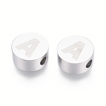 304 Stainless Steel Beads, Flat Round with Letter, Letter.A, 10x4.5mm, Hole: 2mm