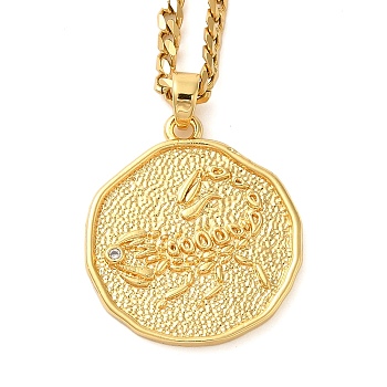 Brass Clear Cubic Zirconia Curb Chain Constellation Pendant Medal Necklaces for Women,  Real 18K Gold Plated, Scorpio, 17.52~17.72 inch(44.5~45cm), pendant: 23.5x21.5x2mm