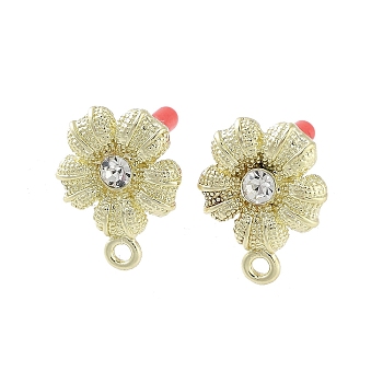 Rack Plating Golden Alloy with Rhinestone Stud Earring Findings, with Loops and 304 Stainless Steel Pins, Cadmium Free & Nickel Free & Lead Free, Flower, 17.5x13.5mm, Hole: 1.6mm, Pin: 0.7x10mm