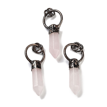 Natural Rose Quartz Faceted Pointed Bullet Pendants, Brass Ring Charms with Jump Rings, Red Copper, 48~50x20x9~10mm, Hole: 6mm