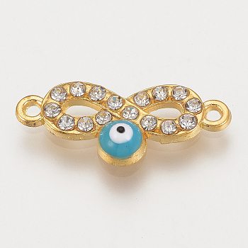Alloy Rhinestone Links connectors, Cadmium Free & Lead Free, Infinity with Evil Eye, Sky Blue, Golden, 22.5x9.5x2.5mm, Hole: 1mm