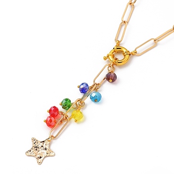 Chakra Jewelry, Pendant Necklaces, with Glass Beads, Iron Paperclip Chains, Brass Spring Ring Clasps & Star Pendant, Golden, 18.9 inch(48cm)