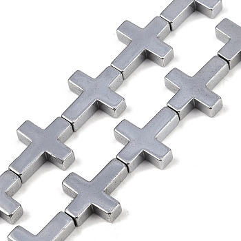 Electroplated Synthetic Non-magnetic Hematite Beads Strands, Cross, Platinum Plated, 14x17x4mm, Hole: 1mm, about 23pcs/strand, 15.75''(40cm)