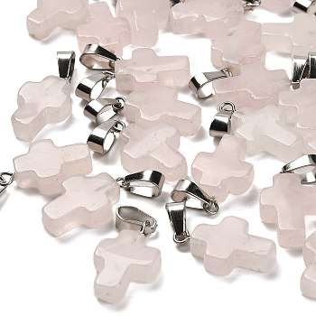 Natural Rose Quartz Pendants, with Stainless Steel Color Plated 201 Stainless Steel Snap on Bails, Cross, 19.5~21x11.5~12.5x4~5mm, Hole: 8x4mm