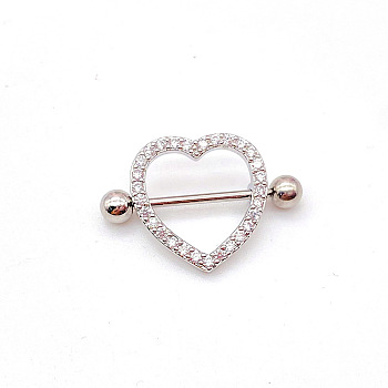 304 Stainless Steel Clear Cubic Zirconia Heart Nipple Rings, Nipple Stirrup, Stainless Steel Color, 19mm