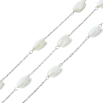 Natural Shell Pearl Beads,Dyed with 304 Stainless Steel Chains, Soldered, with Spool, White, 7.5x3mm